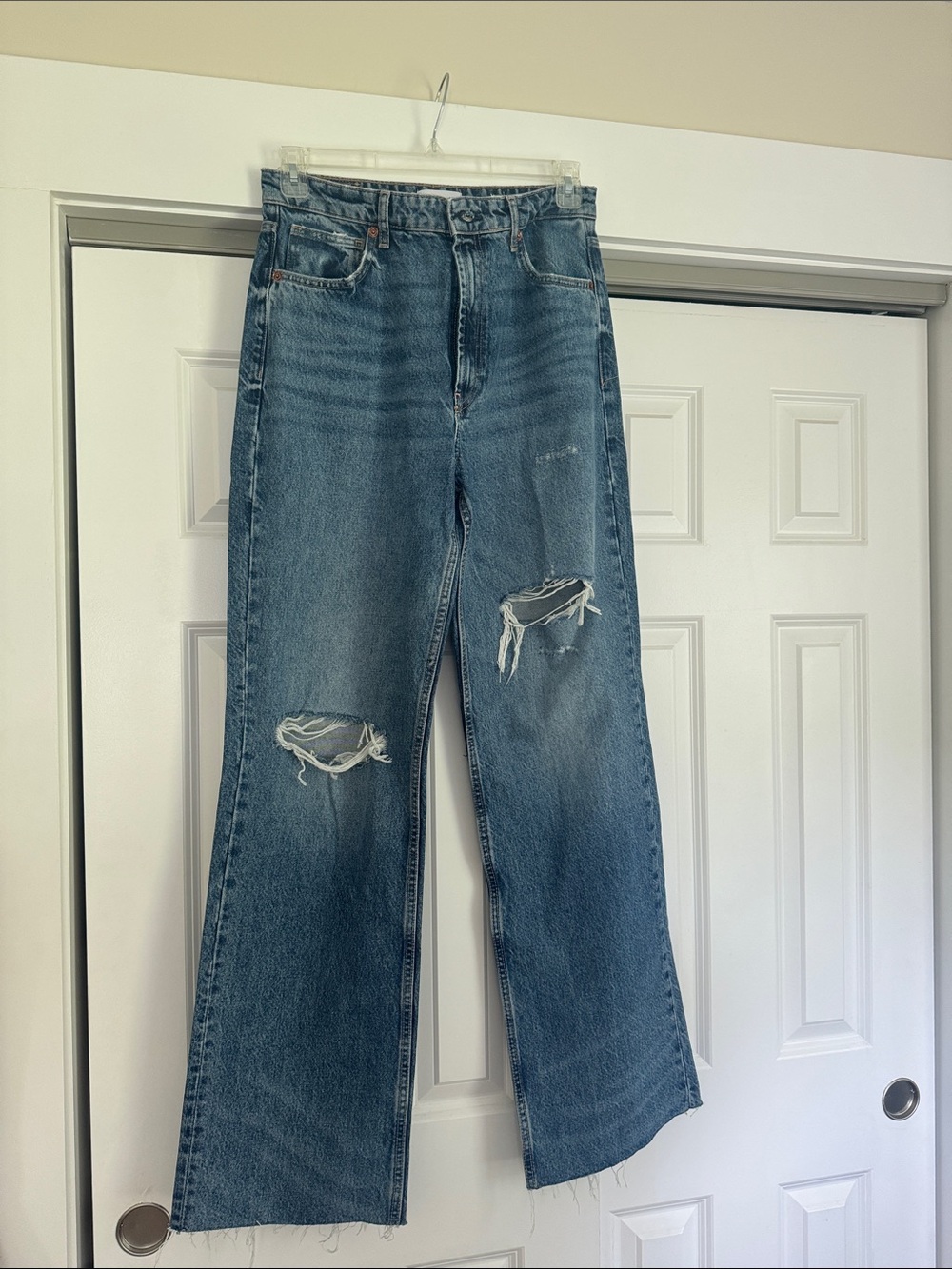 Zara Medium Blue Distressed Wide-Leg Jeans